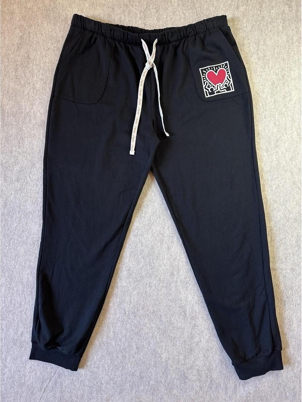 KEITH HARING Sweatpants Women’s XL Black Fleece Joggers Heart Graphic Pockets - Picture 2 of 9